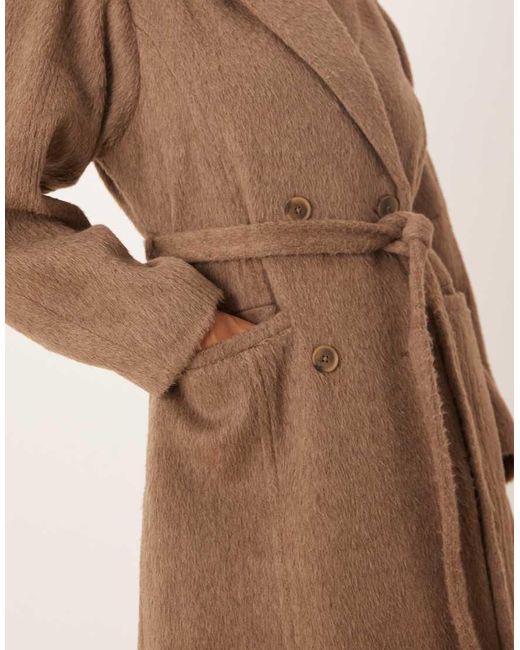 ASOS Natural Brushed Coat With Dome Sleeve And Skinny Belt
