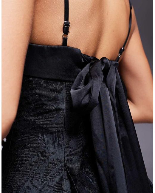 Murci Blue Satin Jacquard Square Neck Bow Tie Back Mini Dress