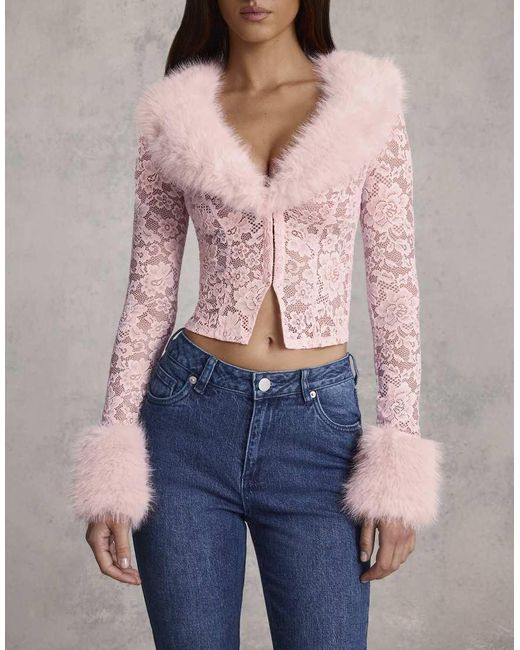 Oh Polly Pink Faux Fur Trim Long Sleeve Cardigan