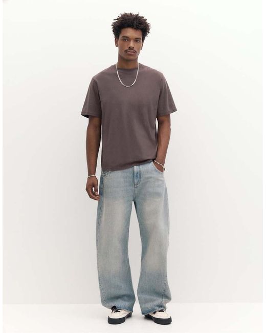 Pull&Bear Gray Basic Short Sleeve Cotton T-shirt for men