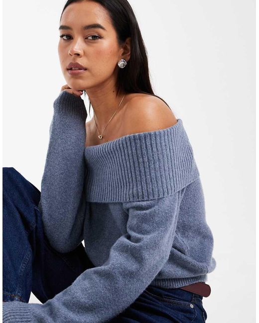 Hollister Blue Knitted Off The Shoulder Jumper