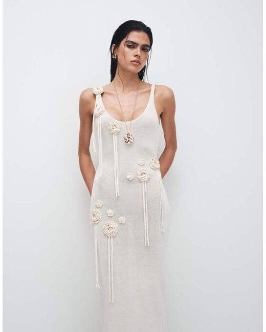 Wanderdoll Natural Lillie Knitted Scoop Neck Corsage Tassel Detail Maxi Dress