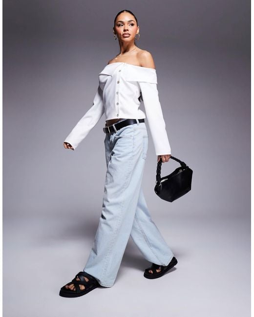 ASOS Blue Off Shoulder Button Through Top