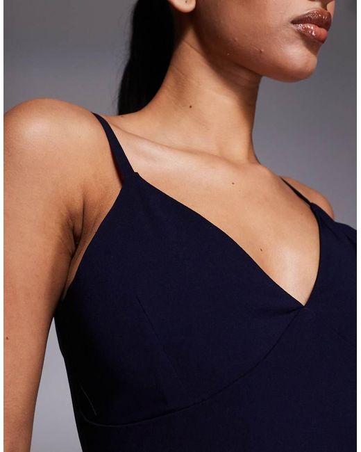 Vesper Blue Bengaline V Neck Cami Low Back Maxi Dress