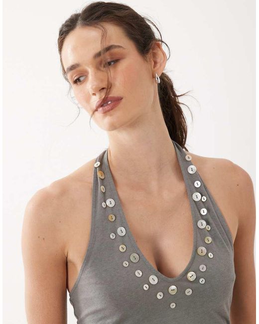 Mango Gray Cotton Mix Halterneck Top With Faux Shell Buttons