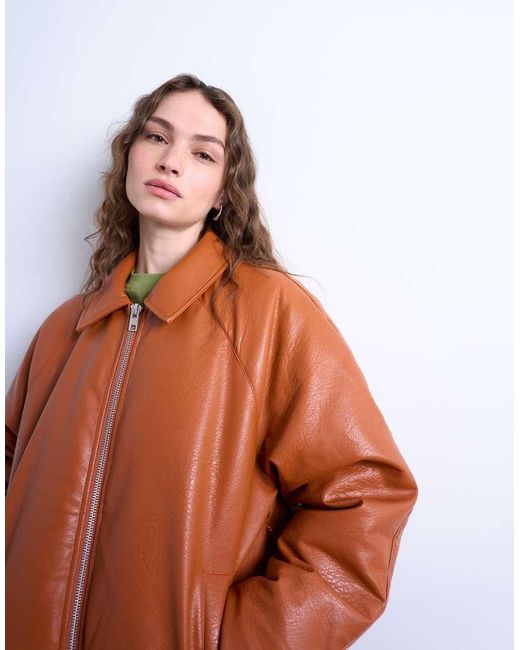 TOPSHOP Brown Faux Leather Padded Puffer Jacket