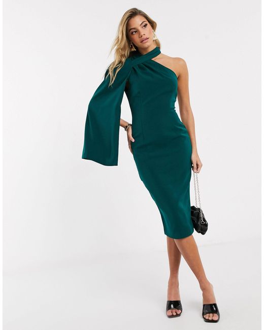 Lavish Alice Green One Shoulder Cape Midi Dress