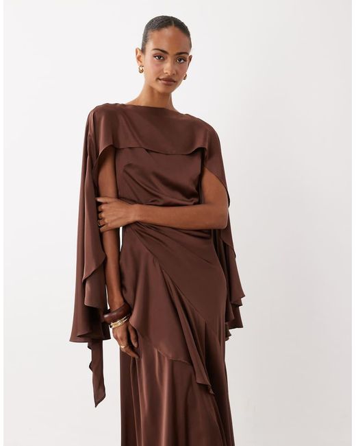 TFNC London Brown Bridesmaids Cape Top Satin Maxi Dress With Wrap Skirt
