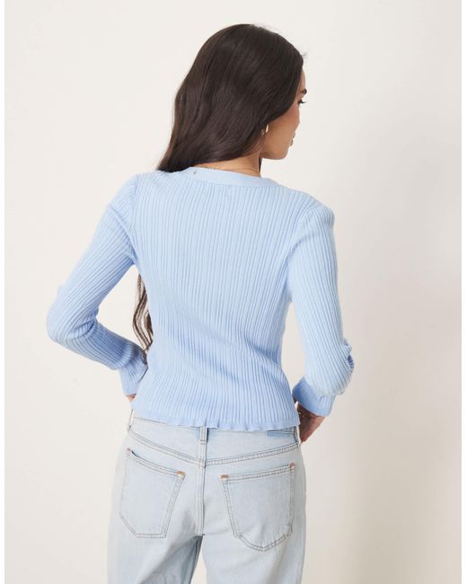 ASOS Blue Button Front V Neck Ribbed Cardigan With Frill
