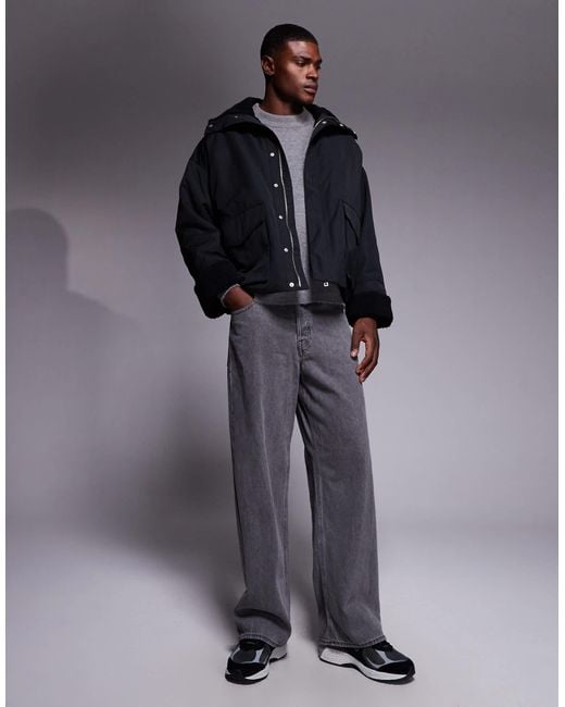 ASOS Gray Oversized Padded Jacket With Borg Lining for men
