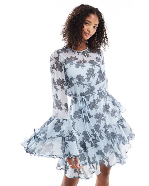Vero Moda Blue Chiffon Ruffle Sleeve Boho Mini Dress