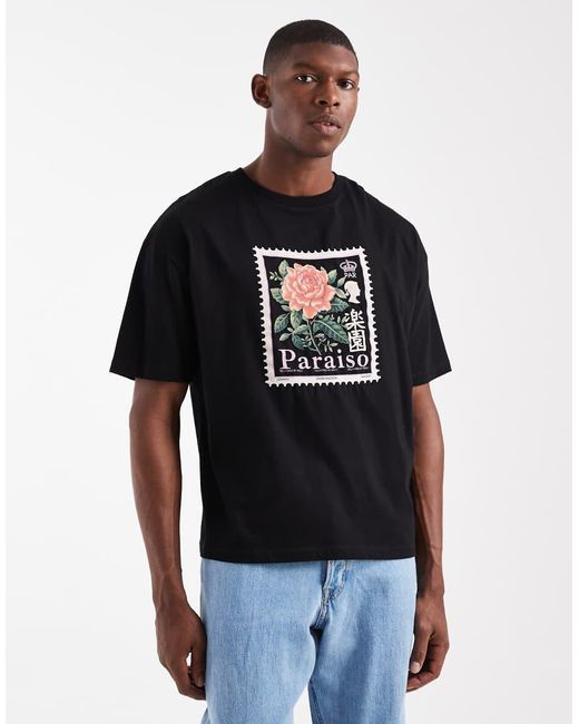 ASOS Oversized Recht T-Shirt Met Bloemenpostzegelprint in het Blue voor heren