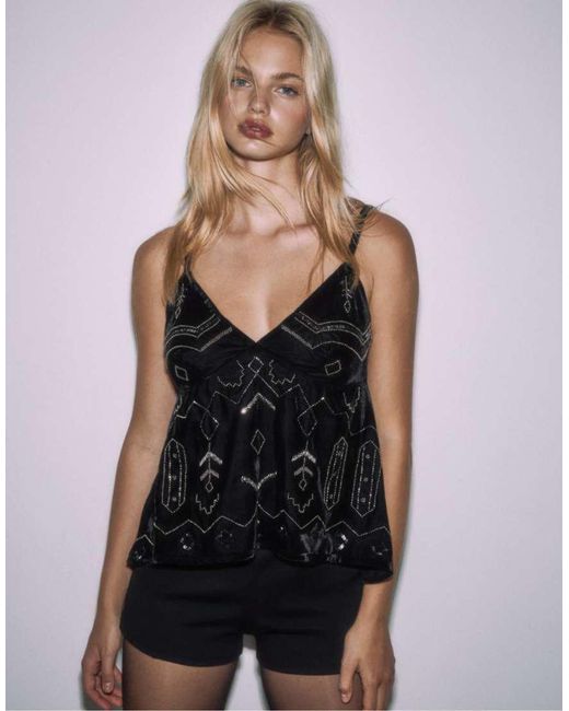 Stradivarius Black Velvet Top With Rhinestones