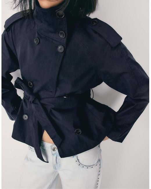 Stradivarius Blue High Neck Trench Coat With Belt
