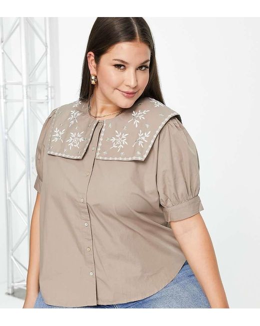 Vila Curve Brown Shirt With Tabbard Embroidered Collar
