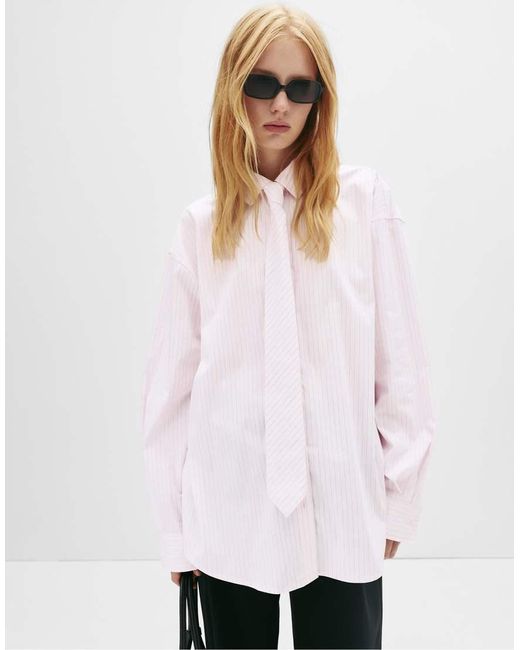 Pull&Bear Gestreept Overhemd Met Lange Mouwen En Stropdas in het White