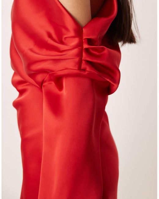 ASOS Red Satin Drape Long Sleeve Off Shoulder Mini Dress