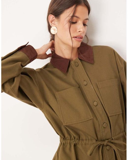 ASOS Natural Heavy Twill Barn Jacket Mini Dress With Cinched Waist