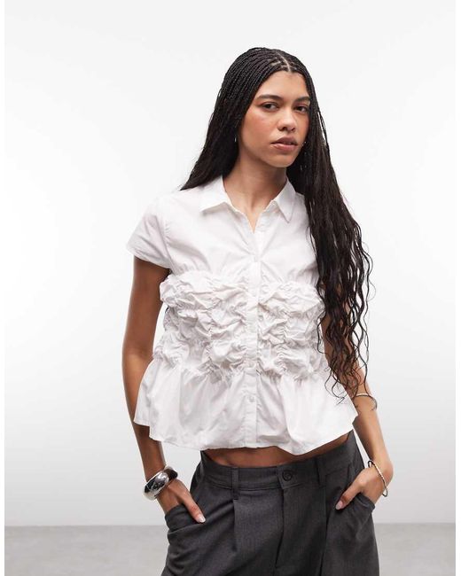 Collusion White Ruched Fitted Short Sleeve Shirt