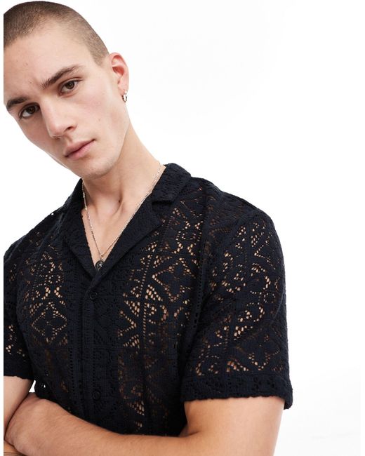 New Look Black Short Sleeved Lace Shirt for men