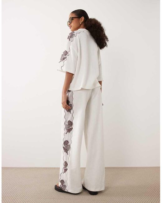 ASOS Natural Textured Jersey Wide Leg Trouser Co-ord With Shell Embroidery