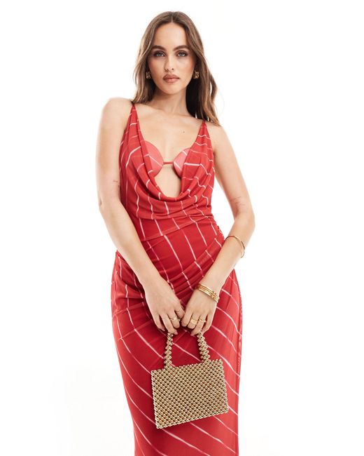 ASOS Red Deep Cowl Neck Mesh Maxi Dress With Exposed Bra Detail