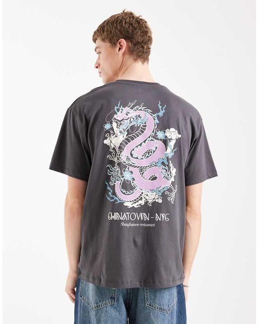 Jack & Jones Gray Dragon Back Print T-shirt for men