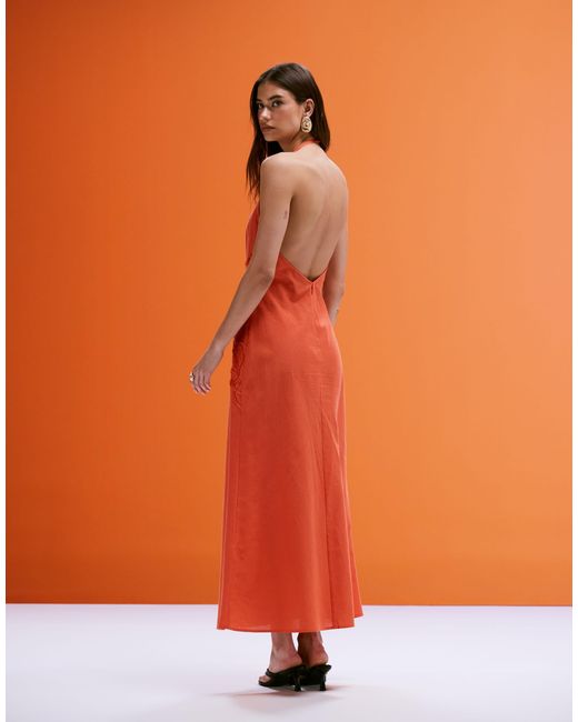 ASOS Orange Low Back Halter Midi Dress With Waist Embroidery