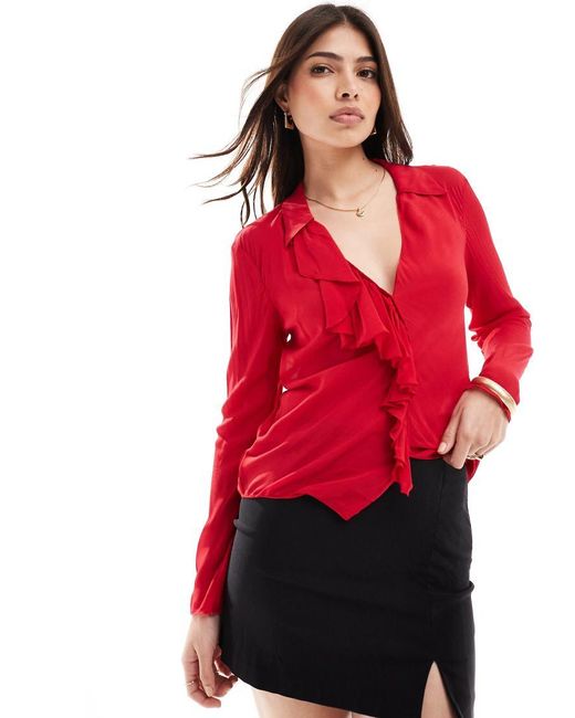 Mango Red Ruffle Front Blouse