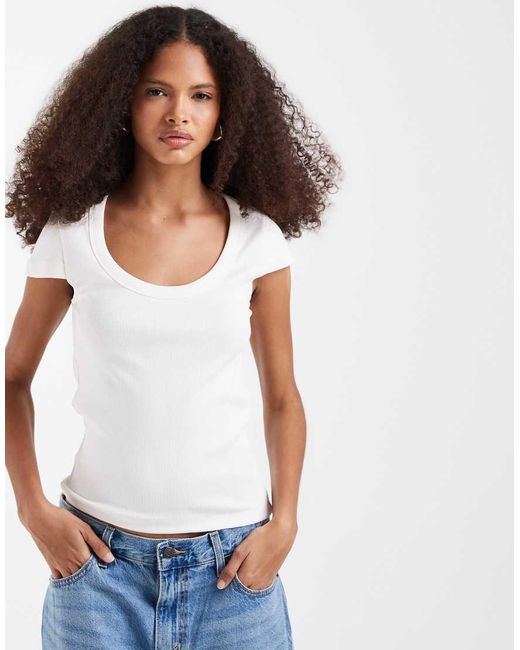 Vero Moda White Ribbed Scoop Neck T-shirt