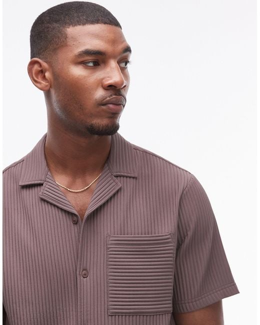 Topman Brown Short Sleeve Revere Plisse Shirt for men