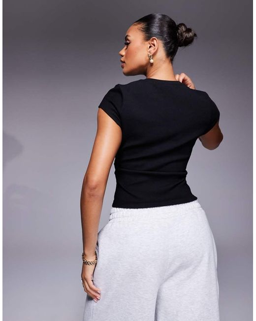 ASOS Black Fine Rib Short Sleeve Top With Corset Waist