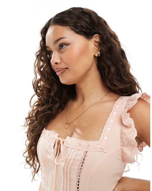 Miss Selfridge Pink Lace Eyelet Trim Babydoll Midi Dress