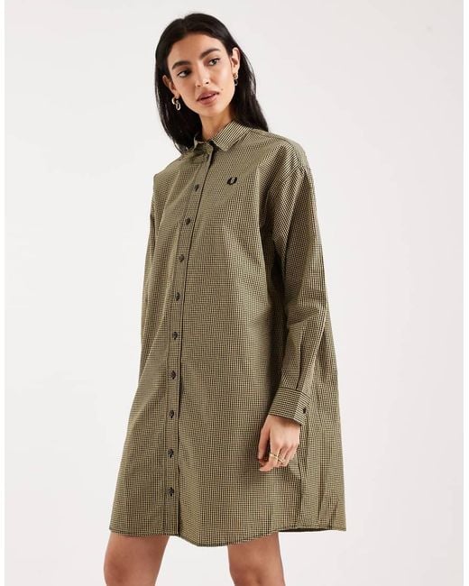 Fred Perry Green Long Sleeve Chequerboard Logo Shirt Midi Dress