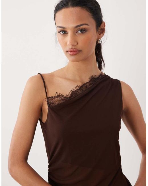 ASOS Natural Mesh Asymmetric Longline Cami With Lace Trim