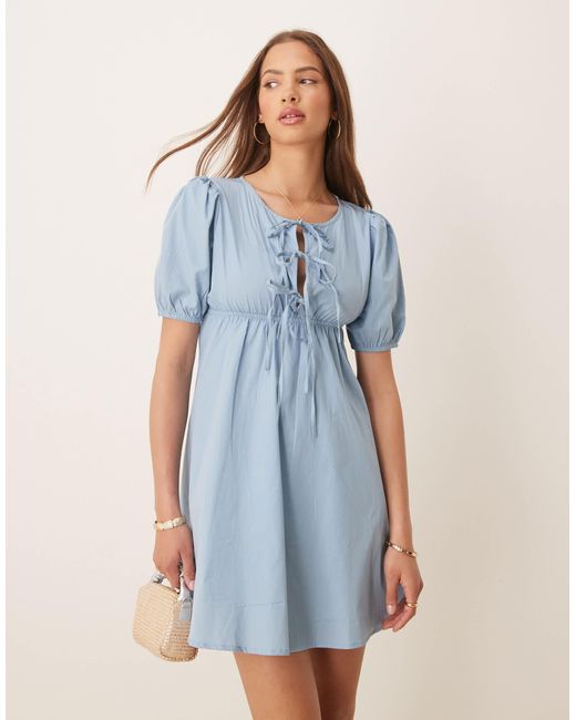 esmé studios Blue Esmee Exclusive Tie Front Puff Sleeve Mini Beah Dress