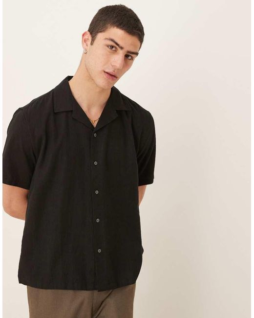 Abercrombie & Fitch Black Textured Linen Collar Detail Short Sleeve Shirt for men