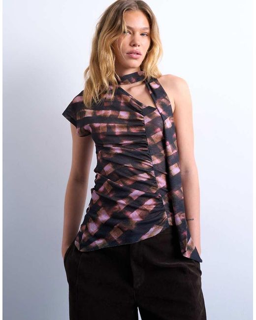 TOPSHOP Brown Ruched Check Print Scarf Detail Asymmetric Hem Top