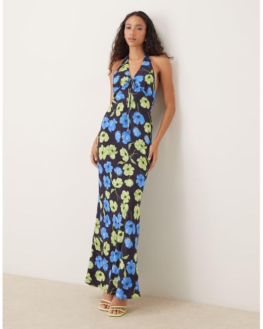 Mango Blue Tie Front Halterneck Maxi Dress