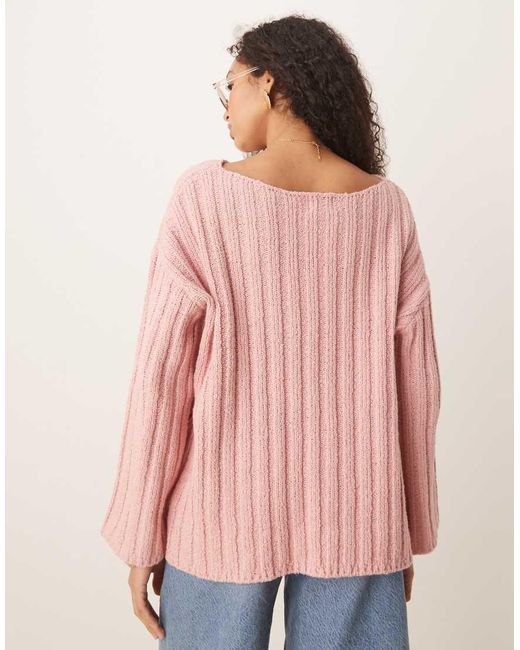 ASOS Pink Knitted Slash Neck Textured Rib Jumper