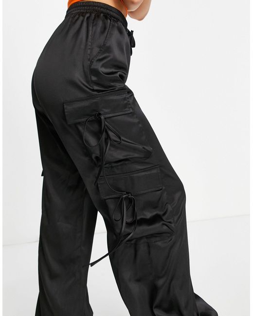 Missguided Satin Cargo Trousers With Tie Cuff Detail in Black | Lyst