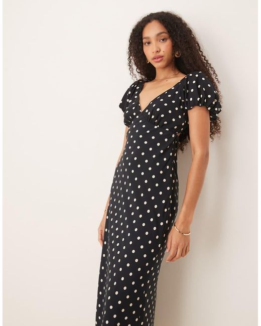 Vestido Lencero Largo Negro Con Estampado De, Mangas Abullonadas Y Lazada En La Espalda De -Blanco Abercrombie & Fitch de color Black