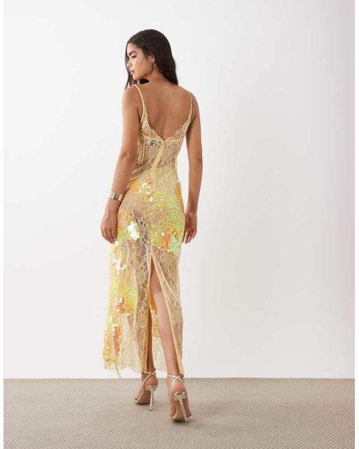 ASOS Natural Sheer Lace Cami Maxi Dress With Placement Embellishment