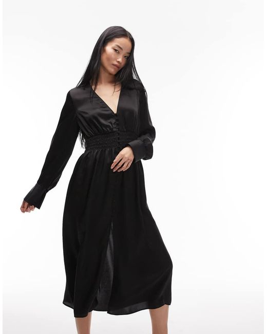 & Other Stories Black Deep V Neck Midi Dress With Cuff Detail