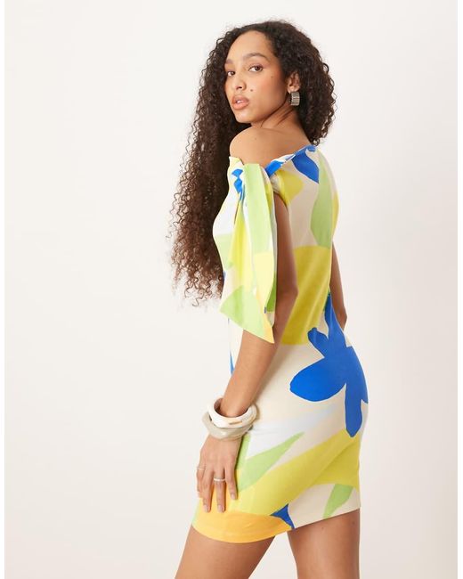 ASOS Blue One Shoulder Tie Knot Detail Mini Dress Enlarged Floral Print