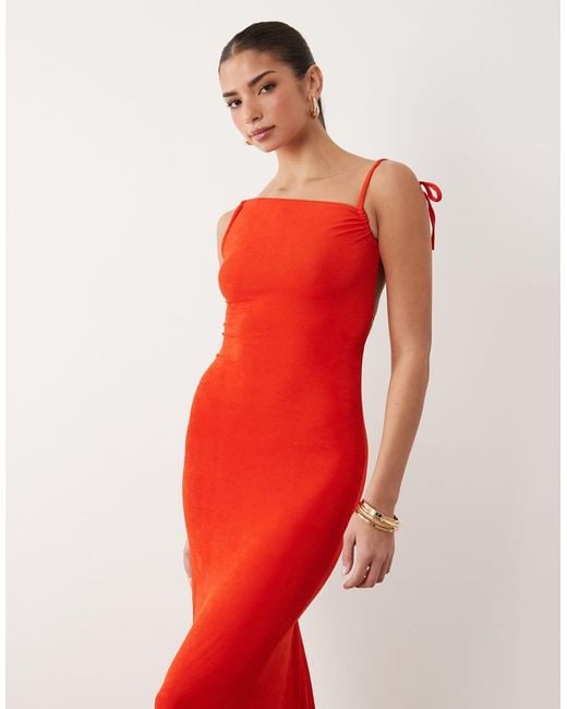 Oh Polly Red Tie Shoulder Asymmetric Maxi Dress