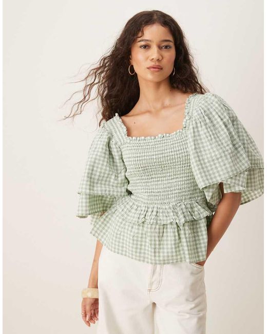 Y.A.S Green Premium Gingham Top With exaggerated Sleeves