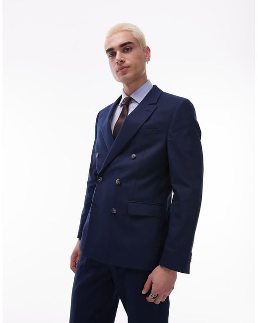 Topman Blue Double Breasted Linen Blend Blazer for men