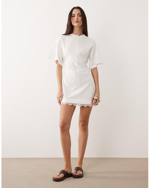ASOS White Cinched Waist Mini Dress With Lace Detail