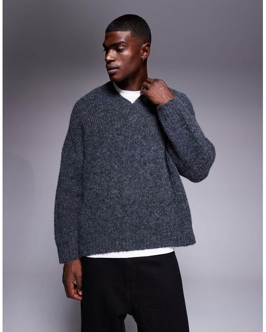 Pull ultra oversize en maille avec col v - anthracite ASOS pour homme en coloris Blue